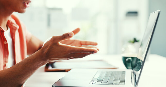 Hands, laptop and video call at office, discussion or explain for collaboration at startup company. Person, computer and consultation with virtual meeting, gesture or communication at creative agency