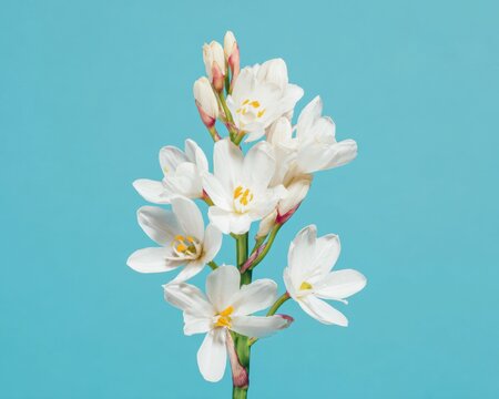 White asphodel flowers blooming in a cluster on a cyan blue background with copy space for floral design inspiration and elegant spring botanical advertisements