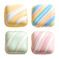 Four pastel colored marshmallows with swirl patterns, isolated on transparent background