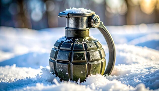 A modern hand grenade partially buried in snow