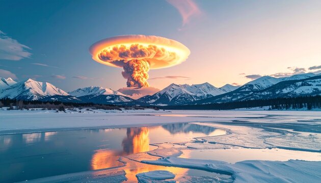 Distant nuclear explosion behind frozen mountain range, glowing mushroom cloud reflection
