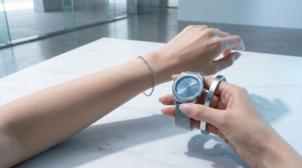 Woman's hands choosing elegant silver watch and bracelet, a stylish accessory selection for her daily outfit.