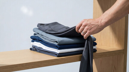 Woman choosing comfortable athletic clothes from a neatly folded stack on a wooden shelf, highlighting daily wardrobe selection.