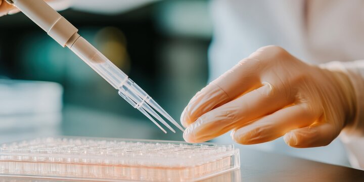Multichannel pipette loading biological samples into 96 well microplate in a biotech laboratory for medical research, high throughput screening, and pharmaceutical testing
