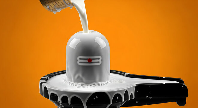 Ceremonial Pouring of Milk Stream from Brass Pot onto a Shiva Lingam for Maha Shivaratri Abhishekam Ritual