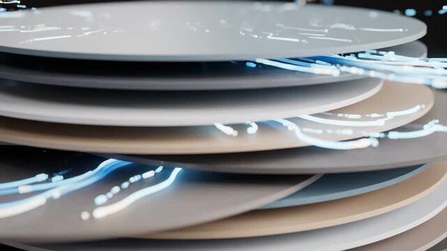 Abstract animation showing data streams moving between multiple stacked circular platforms, representing digital information flow.