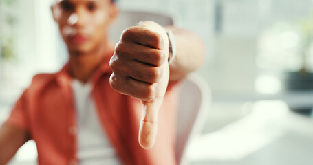 Businessman, hands and rejection with thumbs down for feedback, disapproval or deny in office. Closeup, man or employee with dislike emoji, no sign or wrong dismissal for negative results or refusal