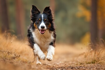 Fototapeta premium Energetic Border Collie running freely in a park during autumn, showcasing purebred characteristics and agility