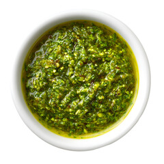 Fresh Pesto Sauce in White Bowl, Herb Rich Texture, Appetizing Green Food isolated on transparent background