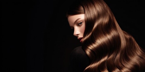 Fototapeta premium Beautiful woman with long shiny healthy brunette hair isolated on black background highlighting elegance beauty skincare hairstyle cosmetic smooth perfection model portrait