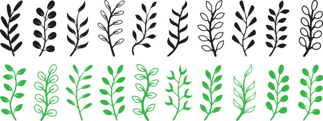 Set of green hand drawn leaf clip art. leaf icon set. Leaves icon design for natural, eco, bio, and labels. Diverse black leaf silhouettes collection. Leaf vector graphics and plant shape icons