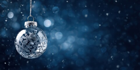 Glass Christmas ornament with silver snowflakes hanging in blue bokeh background symbolizing holiday decor festive sparkle magic winter celebration seasonal atmosphere