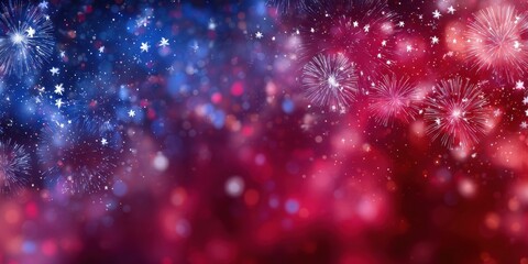Colorful festive fireworks explosion on red blue gradient background with glowing particles bokeh lights stars celebratory night sky atmosphere perfect for patriotic holiday events design