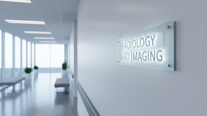 Radiology and Imaging Sign in Modern Hospital Hallway with Natural Light and Benches for Waiting Patients