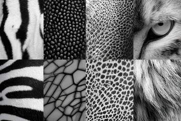 Fototapeta premium Exploration of intricate black and white animal patterns showcasing textures from various species in a captivating, seamless design