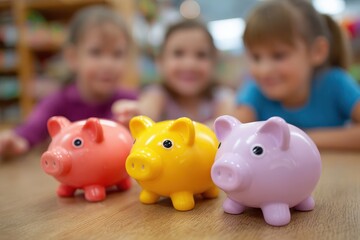 Obraz premium Colorful piggy banks displayed on a table with children observing in an educational setting during daytime activities