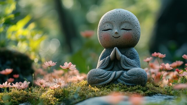 Little monk statue praying in spring pink flower garden, zen stone sculpture with blooming cosmos, peaceful meditation in nature illustration
