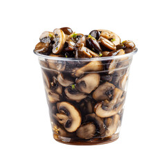 Sliced Pickled Champignons in Clear Plastic Cup - Isolated Transparent Background