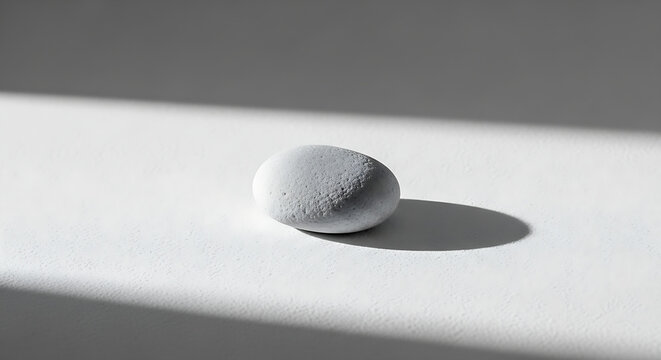 A single smooth stone resting on a bright surface with strong natural light and deep shadow, forming a minimalist still life that emphasizes texture, contrast, simplicity, and quiet visual balance.