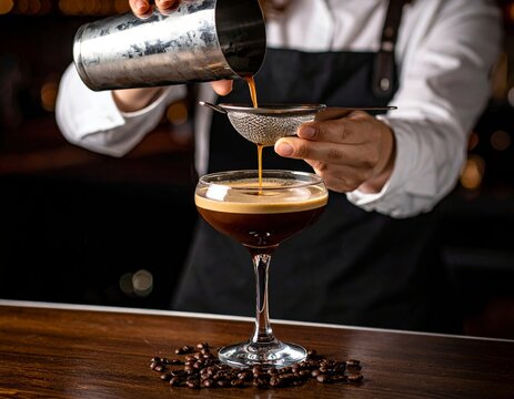 Preparaci&oacute;n de c&oacute;ctel con caf&eacute; vertido desde coctelera en copa elegante.
