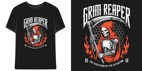 Fototapeta premium grim reaper skeleton in red hood holding scythe with hell flames evolution of aftertime t shirt design vector illustration artwork 