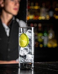 C&oacute;ctel Gin Tonic servido en vaso alto con hielo y rodaja de lima, mientras se a&ntilde;ade agua t&oacute;nica. Fondo tenue con bartender desenfocado.