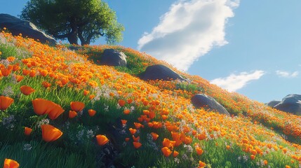 Vibrant orange California poppies bloom on a lush green hillside under a blue sky.