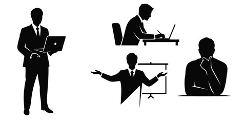 Minimal Human Working Silhouette Vector Icon Set with Professional Activity Poses