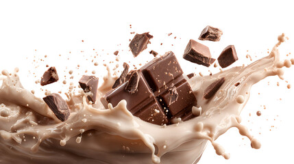 Chocolate pieces splashing into milk, dynamic motion, delicious food isolated on transparent background