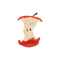 Remains of a red fruit core with attached stem resting against a clean white background