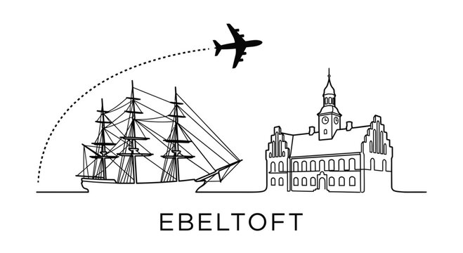 Ebeltoft city landmarks with ship and airplane travel vector illustration