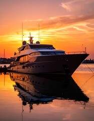 A luxury yacht on calm waters at sunset