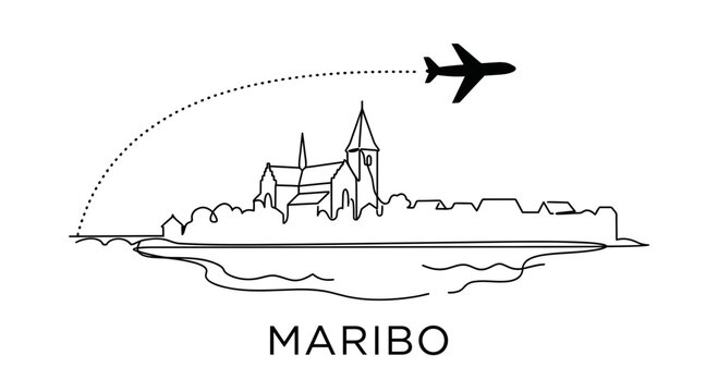 Maribo city skyline with airplane travel vector illustration