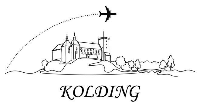 Kolding city skyline with castle and airplane vector illustration