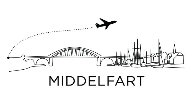 Middelfart Denmark skyline with bridge and airplane vector illustration