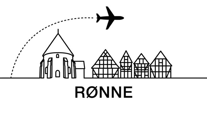 R&oslash;nne city skyline with airplane travel vector illustration