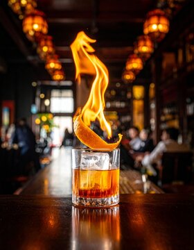 C&oacute;ctel con c&aacute;scara de naranja flameada sobre hielo, en bar de lujo con luces c&aacute;lidas.
