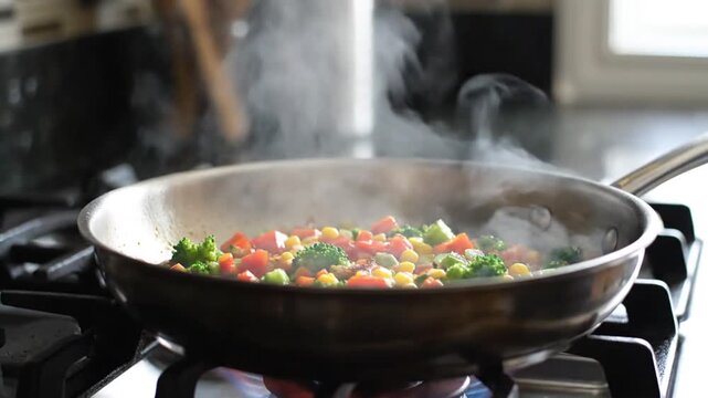 A vibrant medley of fresh vegetables including broccoli, corn, and bell peppers sizzling in a stainless steel pan on a gas stove, with steam rising and a cozy kitchen backdrop
