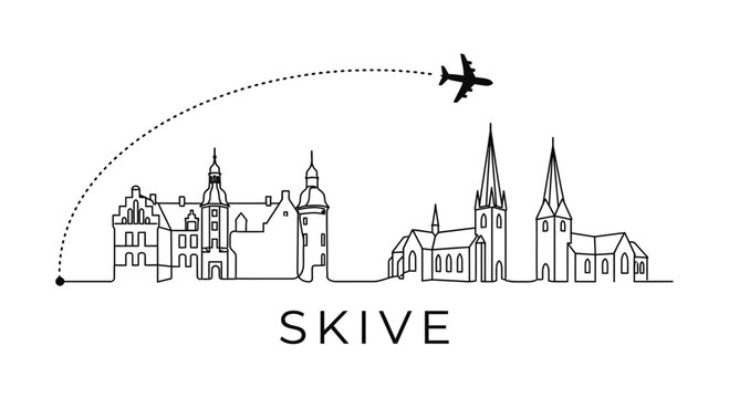 Skive Denmark city skyline and airplane travel vector illustration