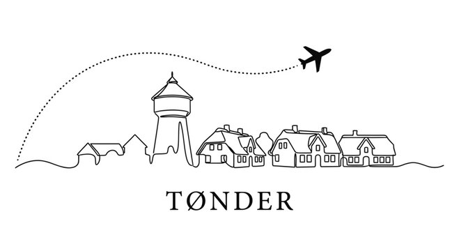 Tonder Denmark city skyline with airplane travel vector illustration