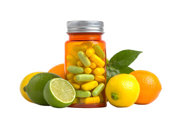 Vitamin Pills Bottle with Citrus Fruits, Health Supplement Concept, isolated on transparent background