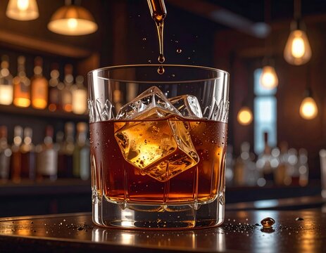 Vaso corto con whisky oscuro y grandes cubos de hielo, capturado en el instante de caer una gota en un bar elegante.
