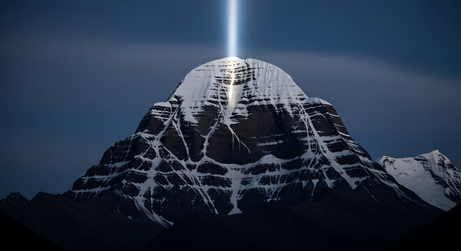 Snowy Peak of Mount Kailash Illuminated by a Single Beam of Moonlight at Twilight for Maha Shivaratri