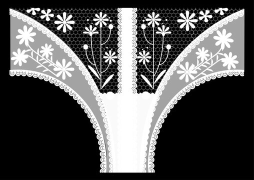 White floral lace embroidery design, delicate flower pattern vector illustration on black background