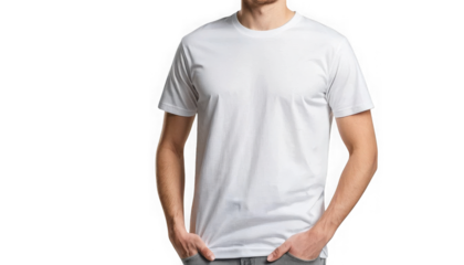 Man wearing a blank white crew neck short sleeve t-shirt standing casually with hands tucked into his pockets on transparent background