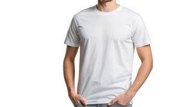 Man wearing a blank white crew neck short sleeve t-shirt standing casually with hands tucked into his pockets on transparent background
