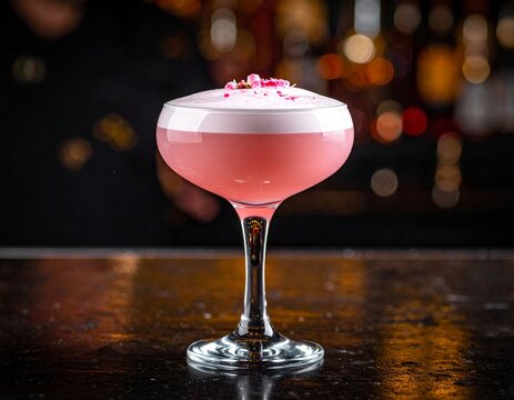 C&oacute;ctel rosado con espuma suave en copa sobre barra con luces desenfocadas.
