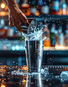   Mano vertiendo l&iacute;quido en coctelera met&aacute;lica con salpicaduras din&aacute;micas en bar.
