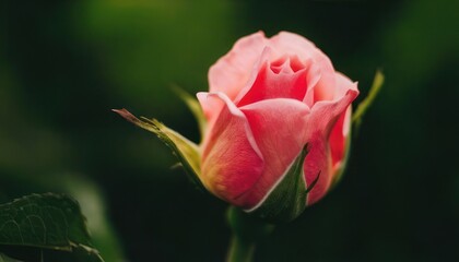 Close-up of a delicate pink rose bud in soft focus.