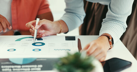 Office, charts and hands with paperwork, meeting and discussion for digital marketing with...